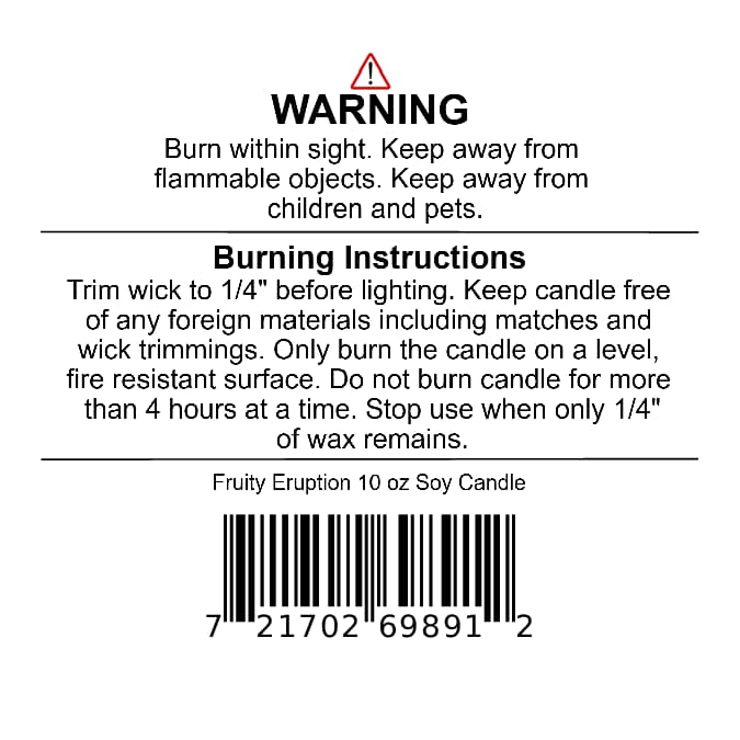 Safety warning label on a Fruity Eruption Soy Wax Candle | Citrus, Lime & Fruit, including burning instructions, product name, and a barcode.