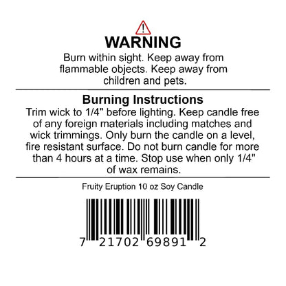 Safety warning label on a Fruity Eruption Soy Wax Candle | Citrus, Lime & Fruit, including burning instructions, product name, and a barcode.