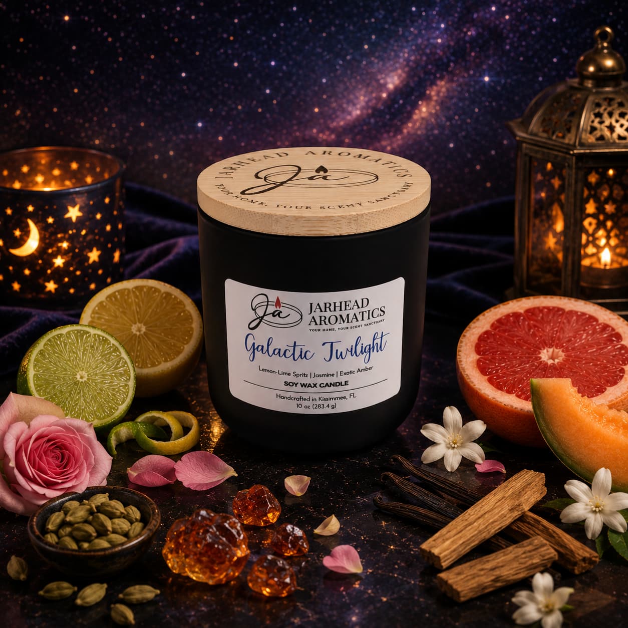 A Galactic Twilight Soy Wax Candle by Jarhead Aromatics rests on dark cloth amid citrus, jasmine, and amber notes as lanterns glow softly and a starry backdrop lends this scented candle scene a mystical ambiance.