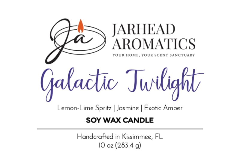 Jarhead Aromatics' Galactic Twilight Soy Wax Candle blends bergamot, jasmine, and amber. Handcrafted in Kissimmee, FL. Net Wt 10 oz (283.4 g).
