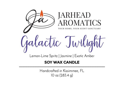 Jarhead Aromatics' Galactic Twilight Soy Wax Candle blends bergamot, jasmine, and amber. Handcrafted in Kissimmee, FL. Net Wt 10 oz (283.4 g).