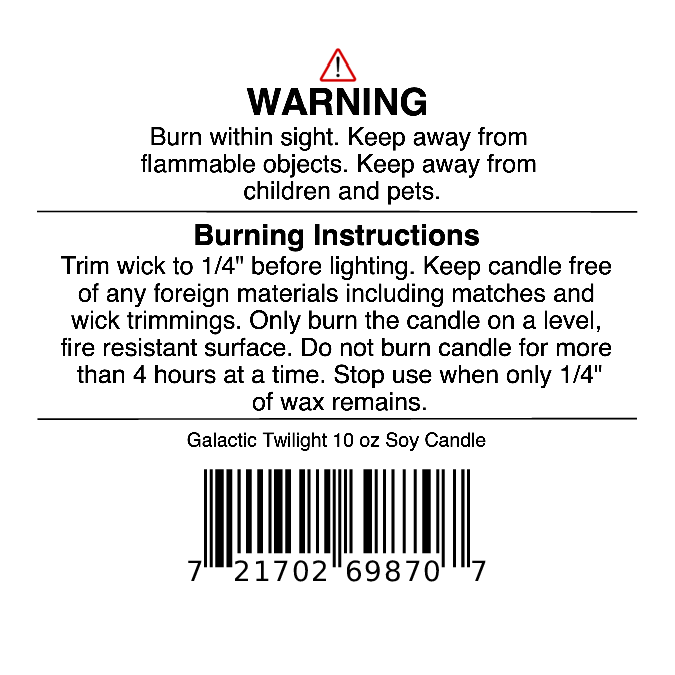Jarhead Aromatics Galactic Twilight Soy Wax Candle (Bergamot, Jasmine & Amber) warning label with burn instructions, barcode, and caution: Keep away from flammable items and children.