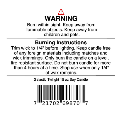 Jarhead Aromatics Galactic Twilight Soy Wax Candle (Bergamot, Jasmine & Amber) warning label with burn instructions, barcode, and caution: Keep away from flammable items and children.