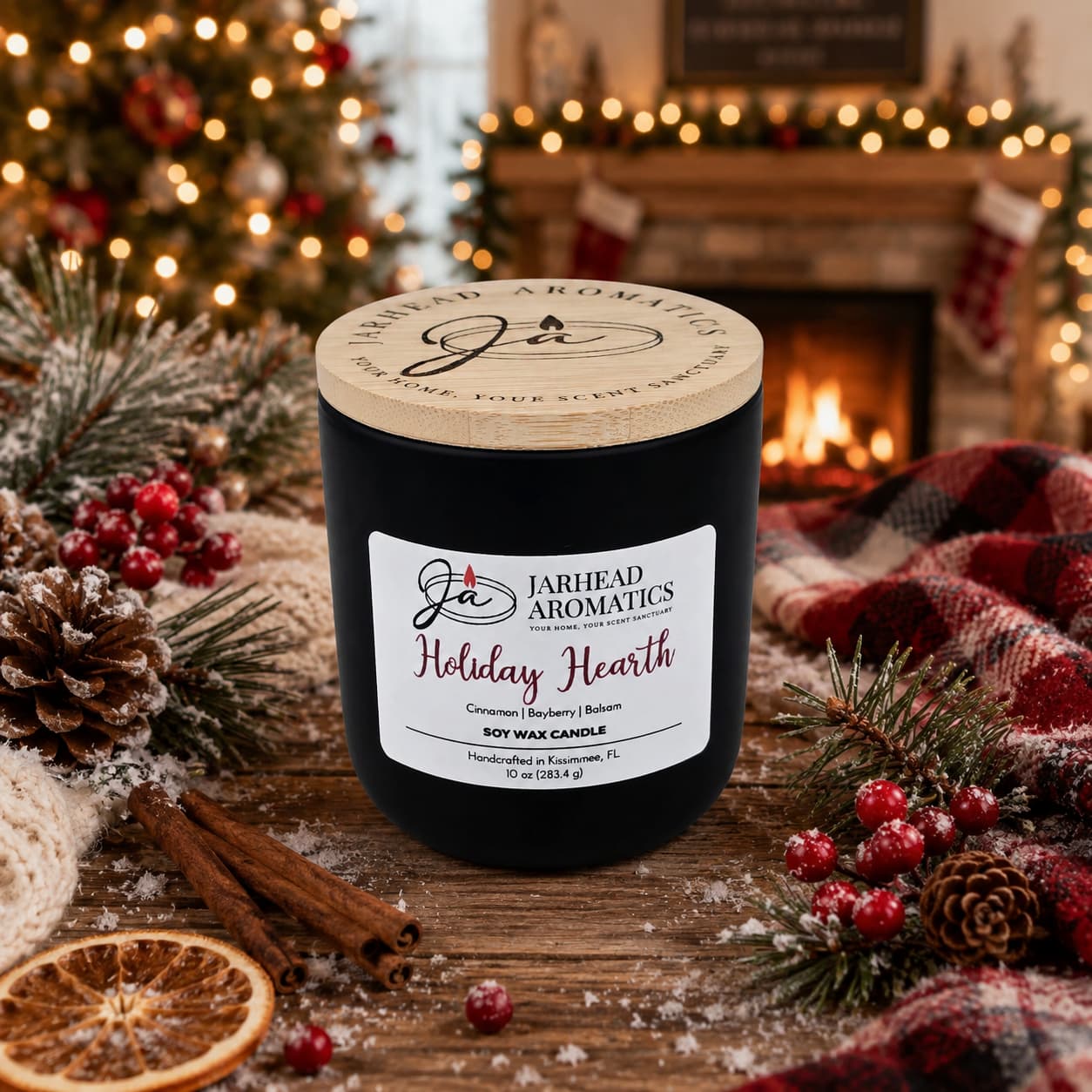 A Holiday Hearth Soy Wax Candle | Cinnamon Clove, Bayberry & Balsam Holiday Candle by Jarhead Aromatics rests on a cozy table adorned with pine cones, cinnamon sticks, and berries, while a festively decorated Christmas tree and glowing fireplace provide a warm background.