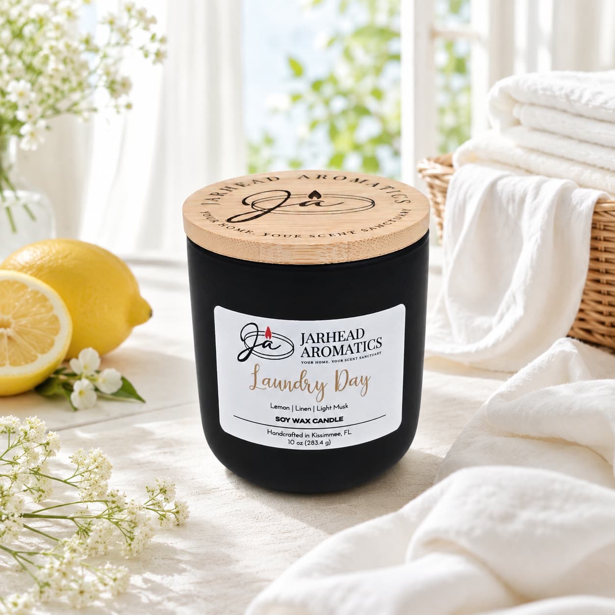 A black Jarhead Aromatics Laundry Day Soy Wax Candle—featuring fresh linen, lemon, and light musk notes—rests on a table surrounded by white towels, a wicker basket, lemons, and flowers. Sunlight filters in through the window, evoking a fresh and clean atmosphere that mirrors the candle’s long-lasting clean linen scent.