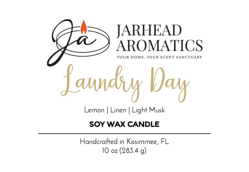 Jarhead Aromatics Laundry Day Soy Wax Candle | Fresh Linen, Lemon & Light Musk Candle label with logo, featuring scent notes of fresh linen, lemon, and light musk. This 10 oz candle is handcrafted in Kissimmee, FL for a long-lasting fragrance that refreshes any space.