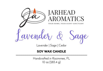 Jarhead Aromatics Lavender & Sage Soy Wax Candle | Lavender, Sage & Sandalwood scent. Hand-poured in Kissimmee, FL. Features flame logo. 10 oz (283.4 g).