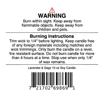 The Jarhead Aromatics Lavender & Sage Soy Wax Candle (Lavender, Sage & Sandalwood scent, 10 oz) features a label with warnings to keep away from flammable objects, burning instructions, and a barcode. Hand-poured for a relaxing fragrance.