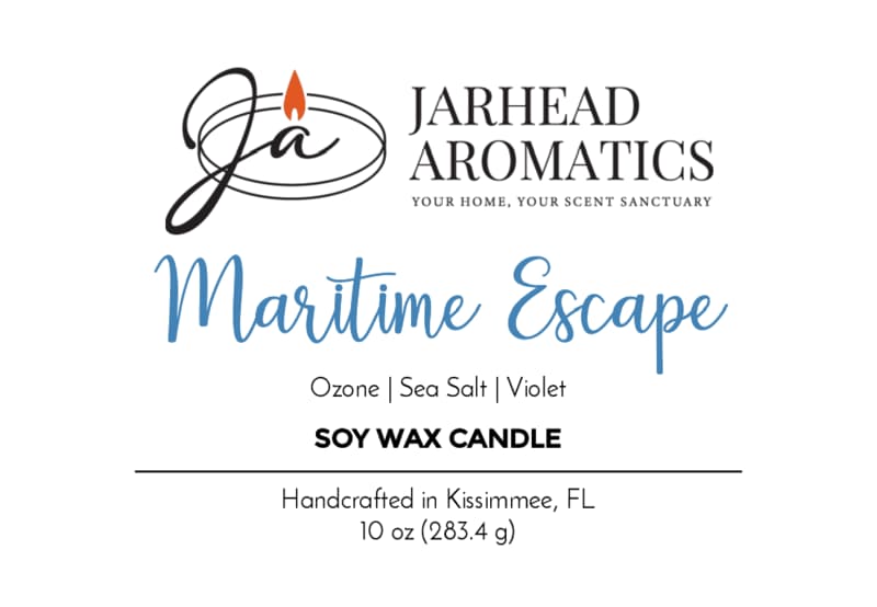 Jarhead Aromatics Maritime Escape Soy Wax Candle | Sea Salt, Ozone & Cedar Enjoy the refreshing fragrance of sea salt and ozone blended with cedar for a revitalizing ocean aroma. Handcrafted in Kissimmee, FL. Net Wt. 10 oz (283.4 g). [Logo with a flame at the top].
