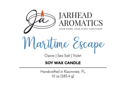 Jarhead Aromatics Maritime Escape Soy Wax Candle | Sea Salt, Ozone & Cedar Enjoy the refreshing fragrance of sea salt and ozone blended with cedar for a revitalizing ocean aroma. Handcrafted in Kissimmee, FL. Net Wt. 10 oz (283.4 g). [Logo with a flame at the top].