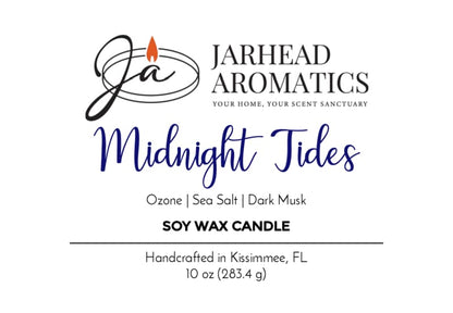 A candle label reading Jarhead Aromatics Midnight Tides Soy Wax Candle showcases sea salt, dark musk, and sandalwood fragrances. This coastal-inspired 10 oz (283.4 g) soy wax candle is handcrafted in Kissimmee, FL.