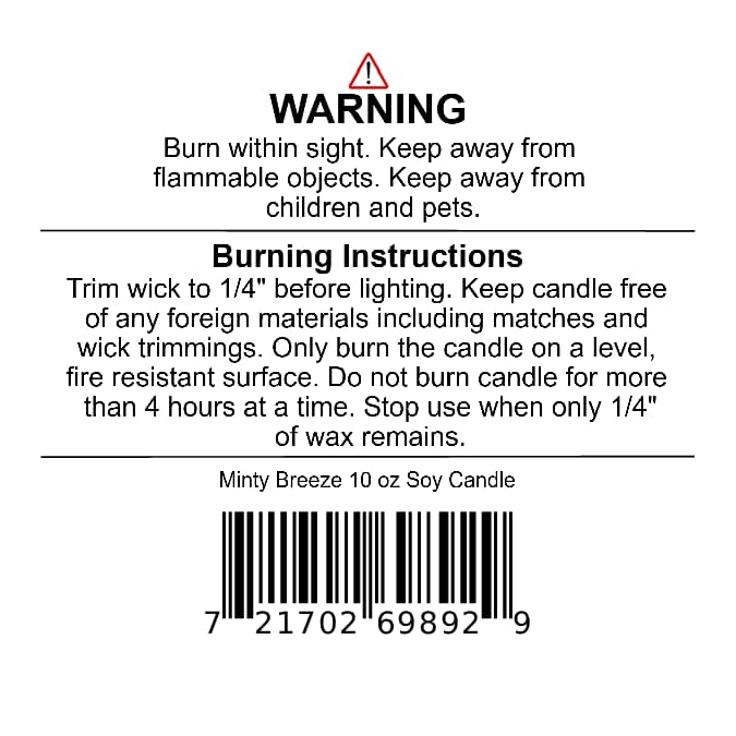 Warning label for a Minty Breeze Soy Wax Candle | Peppermint, Cedar & Powder, featuring safety instructions, burning directions, and a barcode.