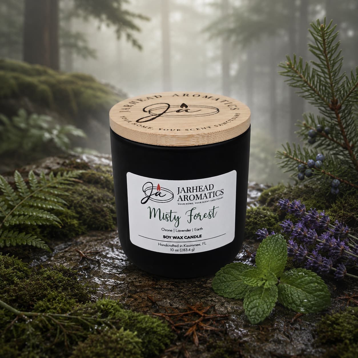 A black Jarhead Aromatics Misty Forest Soy Wax Candle rests on a bed of moss, surrounded by lavender, juniper, and pine branches, with a misty forest in the background. This candle combines natural soy wax with earthy moss, lavender, and juniper scents to bring the tranquil aroma of the woods into your space.