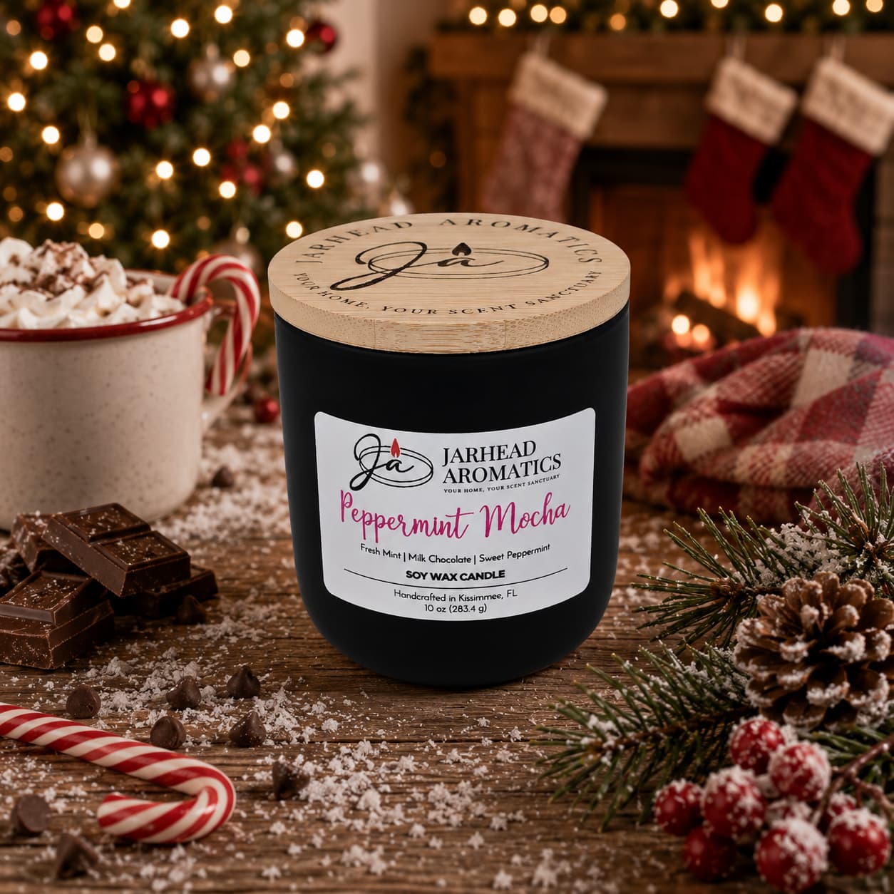 A Jarhead Aromatics Peppermint Mocha Soy Wax Candle | Chocolate Mint & Vanilla Holiday Candle sits on a holiday table surrounded by chocolate, candy canes, a cozy drink, a plaid cloth, and festive decorations. A fireplace with stockings hangs in the background, making this candle the perfect centerpiece for warm seasonal gatherings.