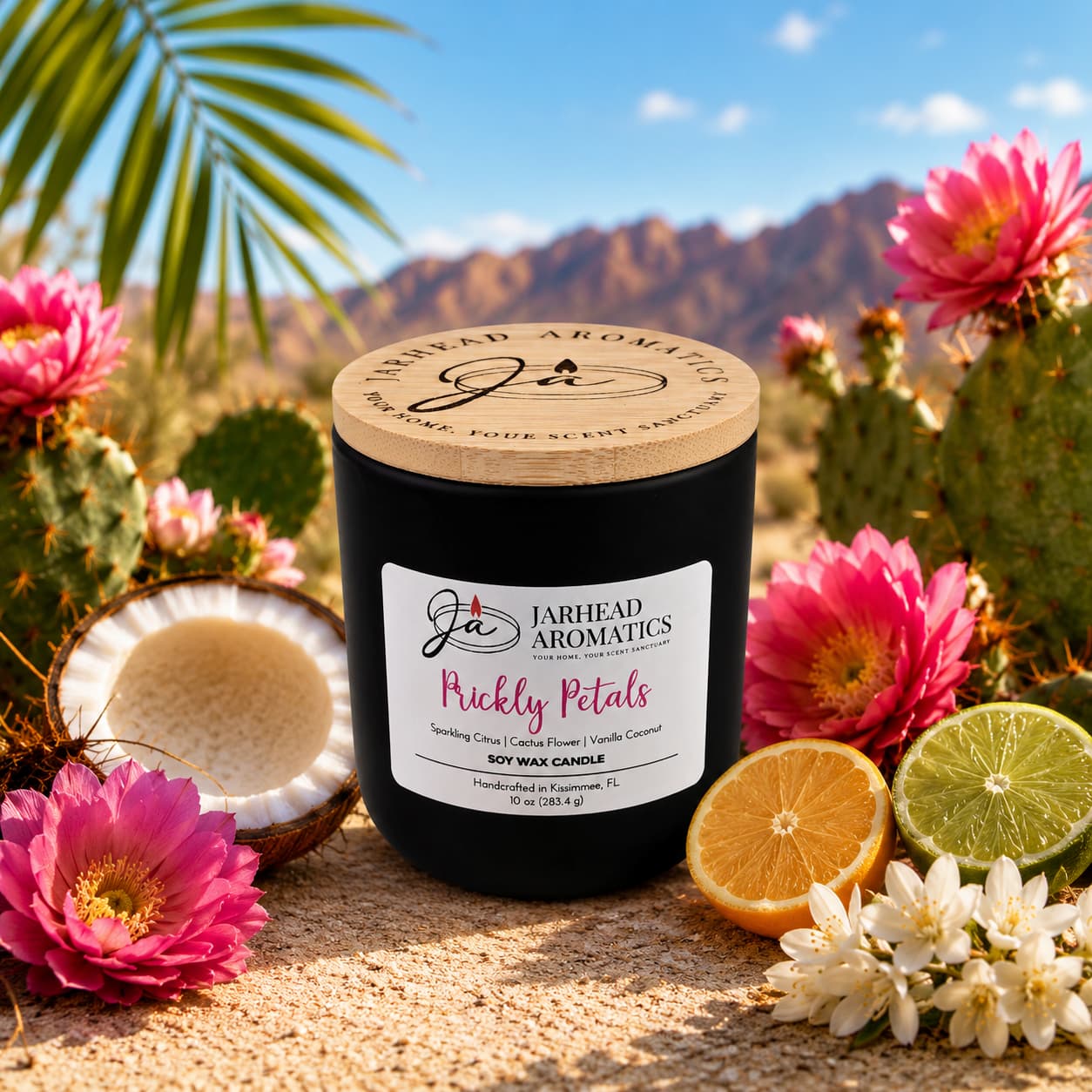 A black Jarhead Aromatics Prickly Petals Soy Wax Candle | Cactus Flower & Citrus Scented Candle sits among cacti, pink flowers, citrus slices, and coconut with desert mountains and palm leaves forming a dreamy oasis backdrop.