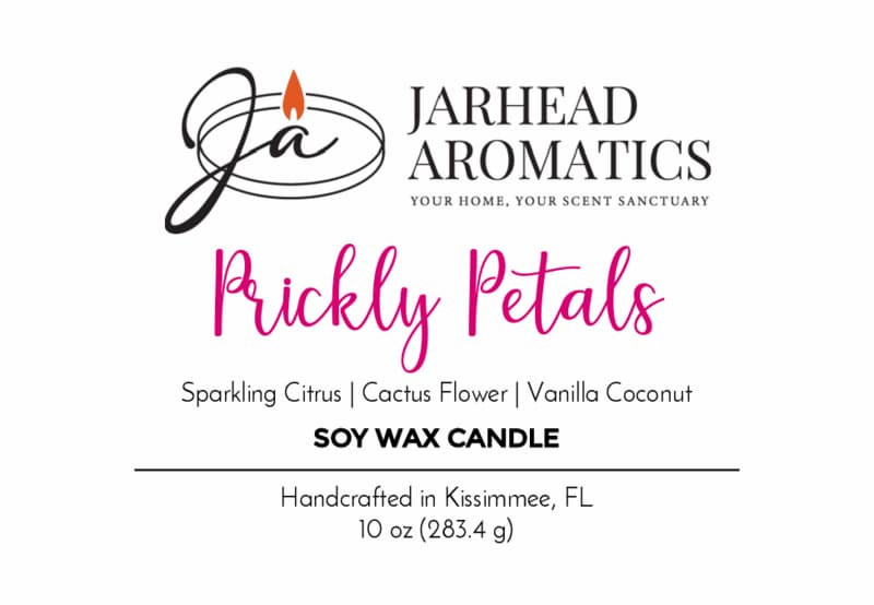 The Jarhead Aromatics Prickly Petals Soy Wax Candle features cactus flower and citrus scents with vanilla coconut, handcrafted in Kissimmee, FL. Enjoy desert oasis vibes in every 10 oz (283.4 g) jar.