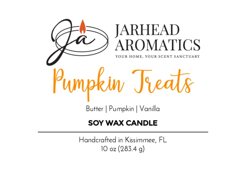Jarhead Aromatics Pumpkin Treats Soy Wax Candle Scented with pumpkin caramel, maple pecan & vanilla. Handcrafted in Kissimmee, FL. Fall scented candle | Logo features a flame.