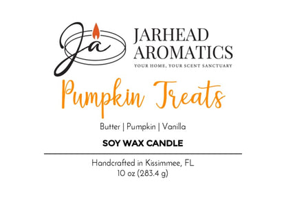 Jarhead Aromatics Pumpkin Treats Soy Wax Candle Scented with pumpkin caramel, maple pecan & vanilla. Handcrafted in Kissimmee, FL. Fall scented candle | Logo features a flame.