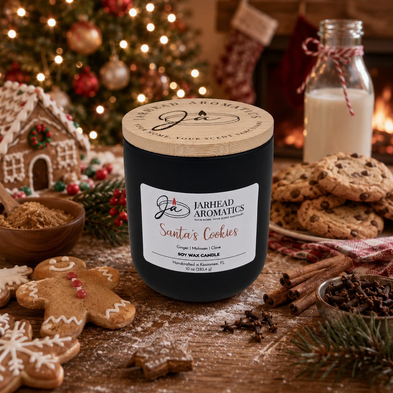 A Santa’s Cookies Soy Wax Candle from Jarhead Aromatics, featuring notes of ginger, brown sugar, molasses, and vanilla, sits on a table surrounded by gingerbread, cookies, spices, milk, and festive holiday decorations. In the background, a glowing fireplace, adorned Christmas tree, and whimsical gingerbread house create a cozy holiday setting perfect for enjoying this delightful holiday candle.