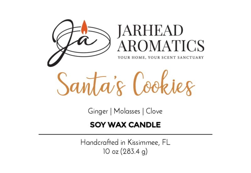 Label for Santa’s Cookies Soy Wax Candle | Ginger, Brown Sugar, Molasses & Vanilla Holiday Candle by Jarhead Aromatics. A festive soy wax candle handcrafted in Kissimmee, FL, featuring notes of ginger, brown sugar, molasses, and vanilla. Net weight: 10 oz (283.4 g).