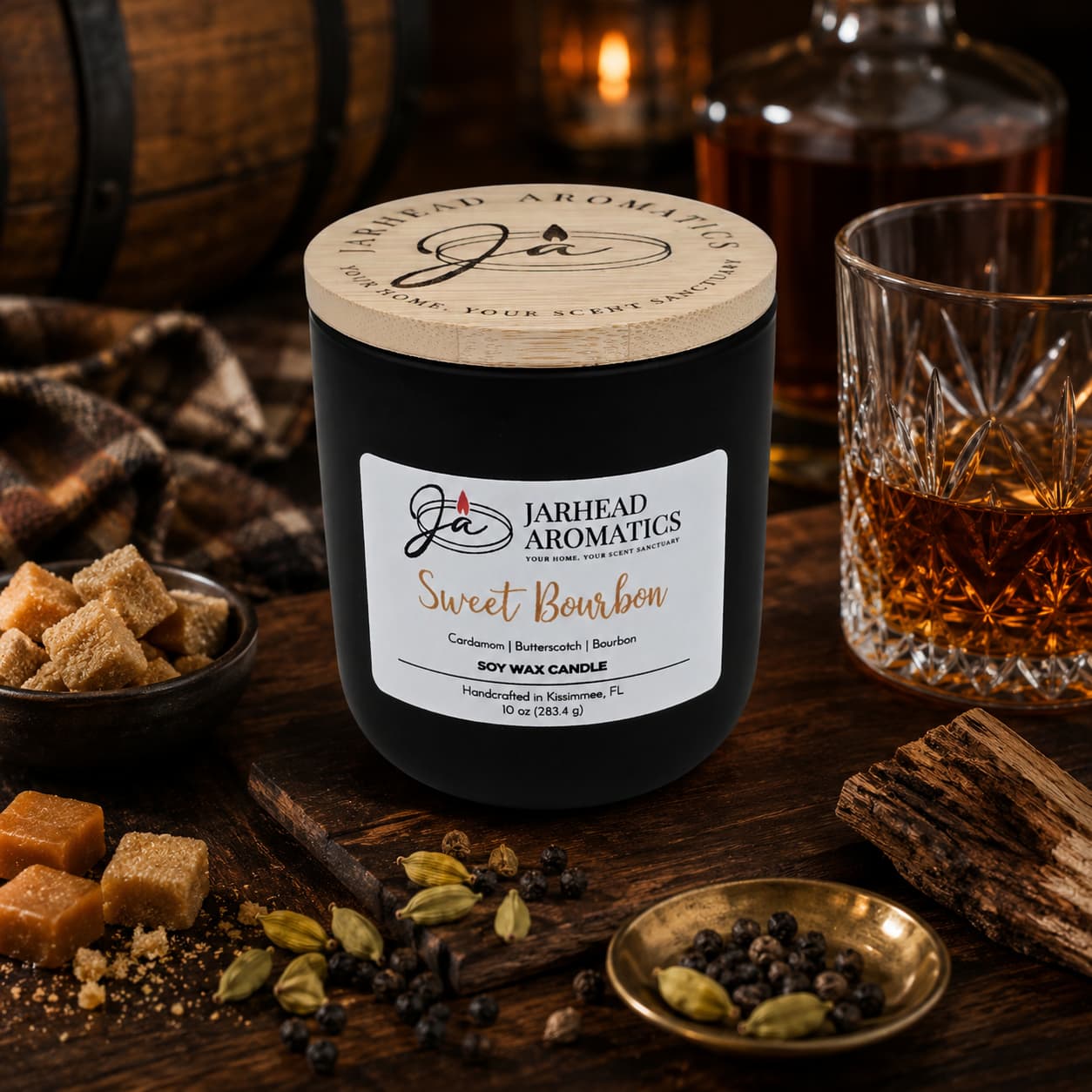 A Jarhead Aromatics Sweet Bourbon Soy Wax Candle | Warm Bourbon, Brown Sugar & Oak Candle rests on a table alongside bourbon, sugar cubes, cardamom pods, peppercorns, a plaid cloth, and a wooden barrel in the background, creating a cozy, rustic atmosphere. This hand-poured soy candle from Jarhead Aromatics fills the room with its warm notes of bourbon, brown sugar, and oak—a long-lasting scent that perfectly enhances its inviting surroundings.