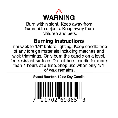 Jarhead Aromatics Sweet Bourbon Soy Wax Candle warning label with safety and burning instructions. This hand-poured candle, featuring a barcode, is crafted with notes of warm bourbon, brown sugar, and oak for a long-lasting scent. Label instructs users to trim the wick, remove debris before burning, and avoid burning for more than 4 hours at a time or when little wax remains. Scent name: Sweet Bourbon.