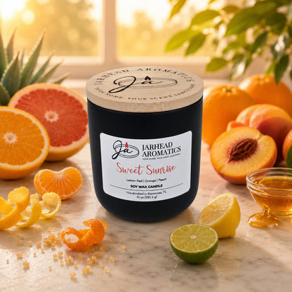 A Jarhead Aromatics Sweet Sunrise Soy Wax Candle | Bright Citrus, Agave & Peach rests on a marble surface, surrounded by sliced citrus fruits, peaches, agave, and honey as sunlight filters through lush greenery. The uplifting aroma of this candle fills the air with the fresh promise of morning.