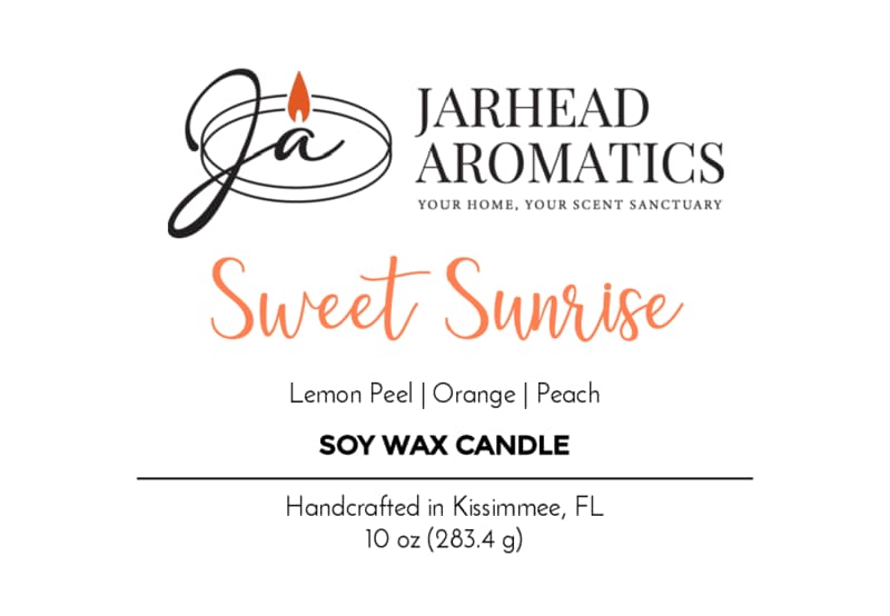 A candle label for the Sweet Sunrise Soy Wax Candle by Jarhead Aromatics, featuring bright citrus, agave, and peach notes. Handcrafted in Kissimmee, FL. Size: 10 oz (283.4 g).