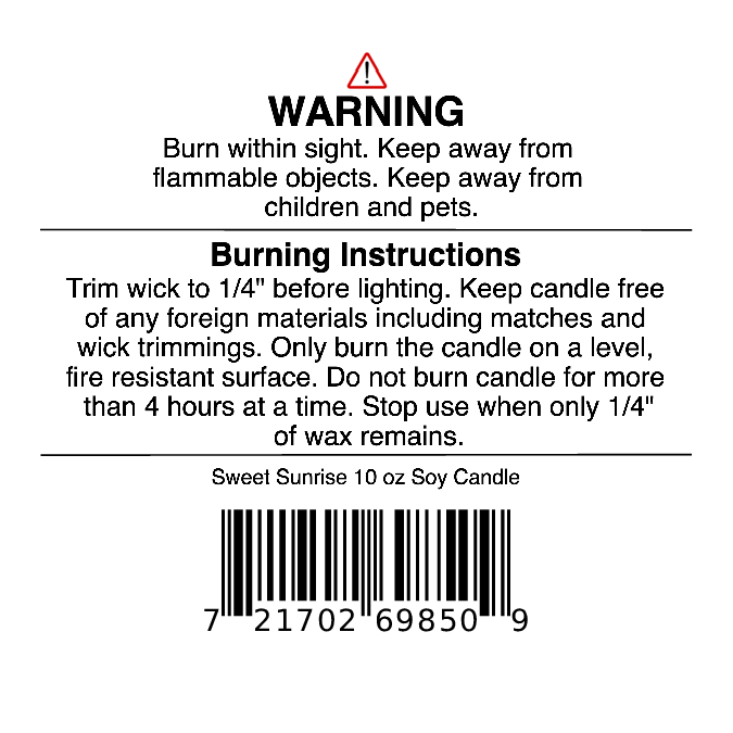 Soy candle label for the Sweet Sunrise Soy Wax Candle | Bright Citrus, Agave & Peach Candle by Jarhead Aromatics. Label includes warnings and burning instructions, such as keeping the candle away from flammable objects, trimming the wick before lighting, and following recommended burn times. A barcode is featured at the bottom of the label. The 10 oz citrus, agave, and peach scent offers a refreshing aromatic experience.