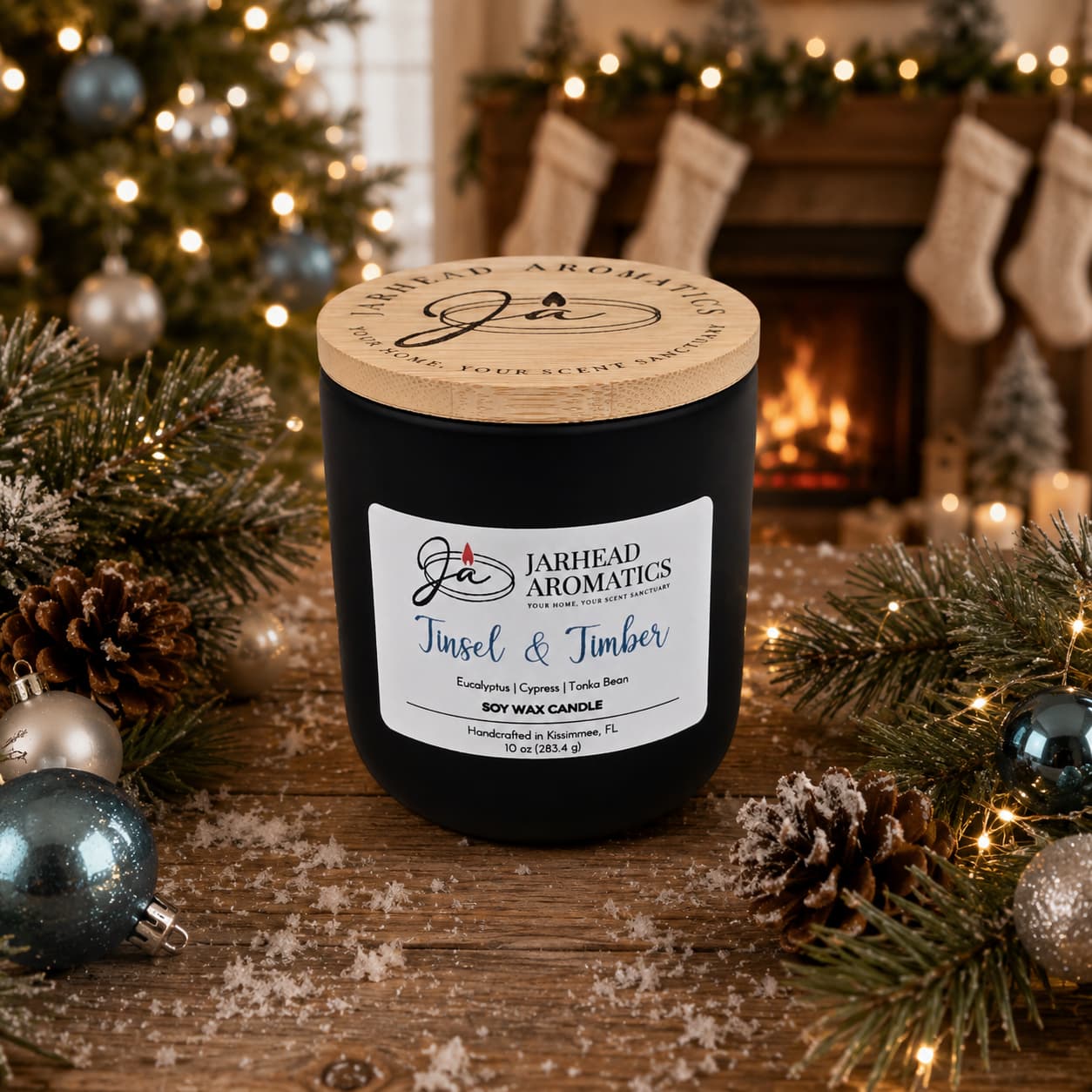 A Jarhead Aromatics Tinsel & Timber Soy Wax Candle, featuring eucalyptus, pine, smoke, and tonka notes, rests on a wooden table surrounded by pine branches and ornaments. A fireplace with stockings in the background completes the scene, infusing the room with a cozy holiday fragrance for a festive atmosphere.