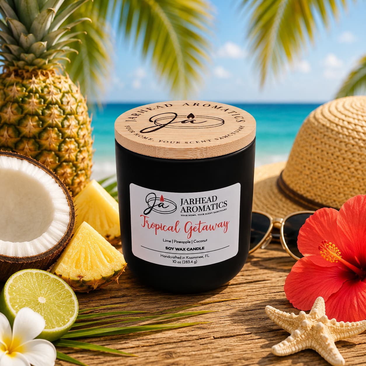 A Jarhead Aromatics Tropical Getaway Soy Wax Candle, scented with mango, coconut, and pineapple, sits on sand amid a cut pineapple, lime, red hibiscus flower, sunglasses, and a sunhat with palm leaves and the ocean in the background.