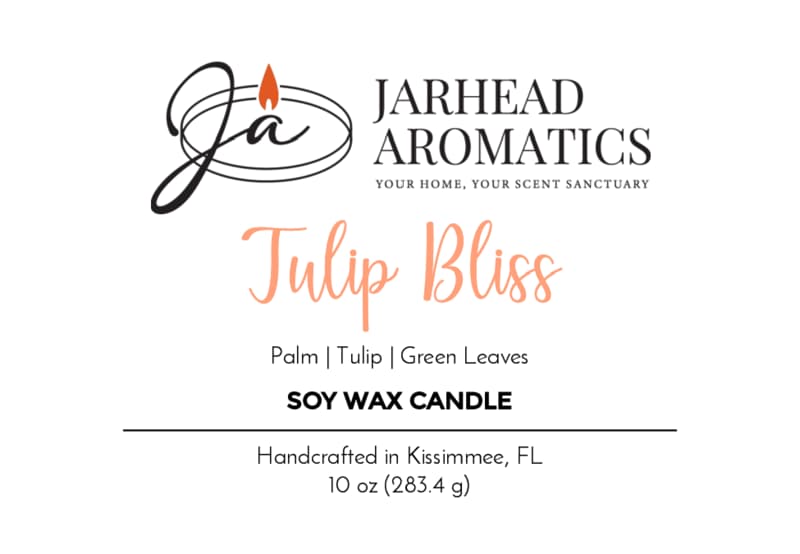 Jarhead Aromatics Tulip Bliss Soy Wax Candle | Peach, Tulip & Soft Musk Candle label. This hand-poured soy candle blends the scents of peach, tulip, and soft musk for a refreshing floral experience. Handcrafted in Kissimmee, FL. 10 oz (283.4 g).