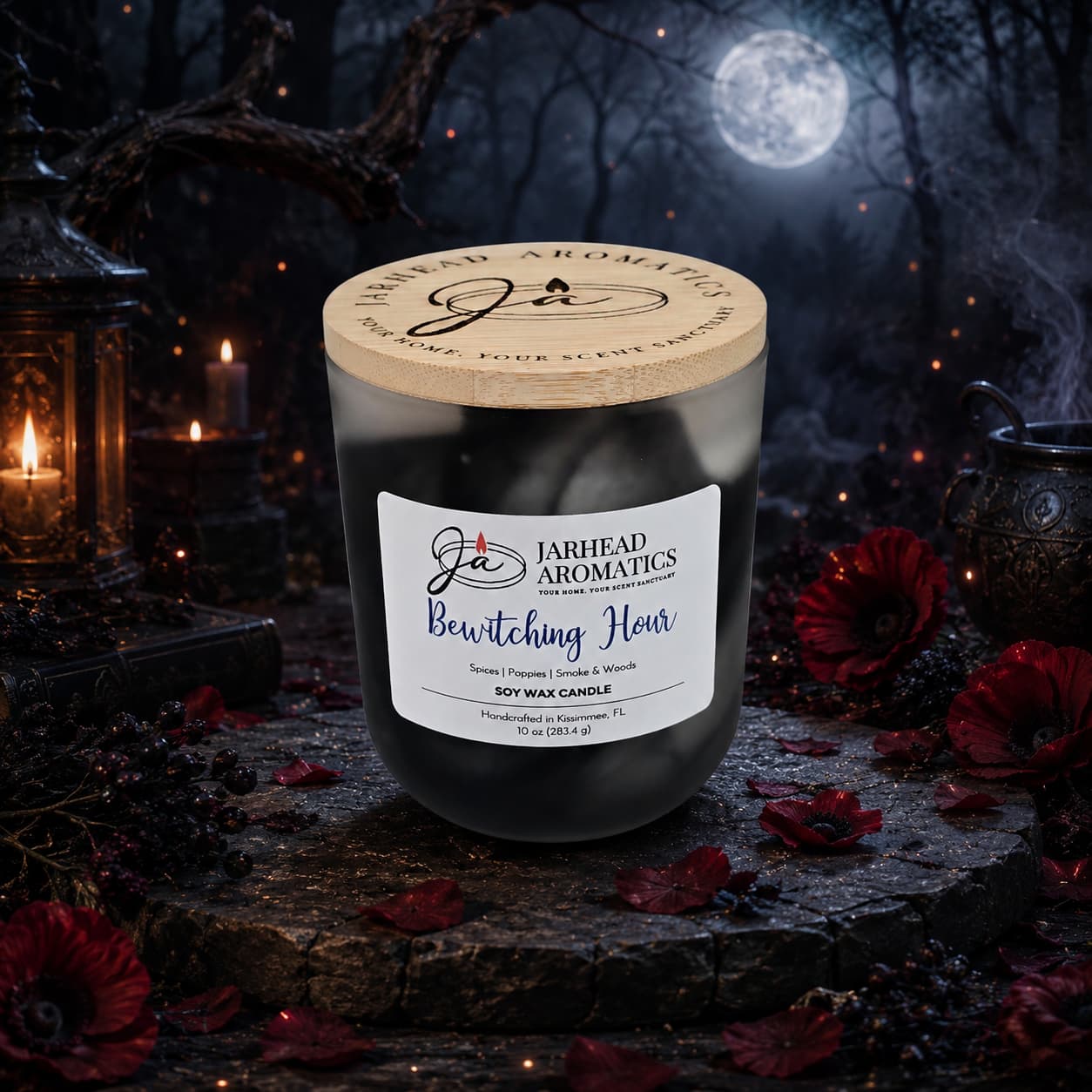 A Jarhead Aromatics Bewitching Hour Soy Wax Candle—featuring spiced poppy, smoky woods, and dark florals—rests on a wooden surface encircled by red flowers and glowing candles. A full moon casts its light over a shadowy, mystical forest backdrop, conjuring an enchanting Halloween ambiance and filling the air with an alluring seasonal fragrance.