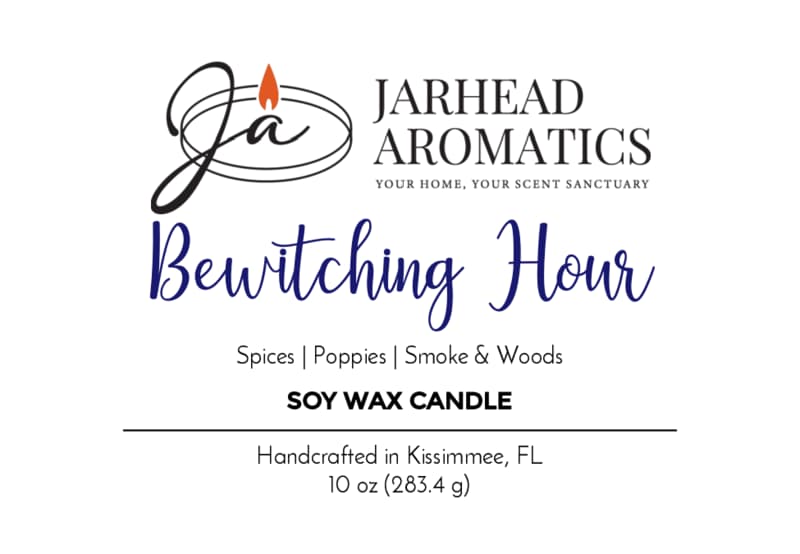Label for Bewitching Hour Soy Wax Candle | Spiced Poppy, Smoky Woods & Dark Floral Halloween Candle by Jarhead Aromatics. Features scent notes of spices, poppies, smoke, and woods for a moody Halloween ambiance. Handcrafted in Kissimmee, FL. Net Wt: 10 oz (283.4 g). Logo displays a flame above stylized lettering.