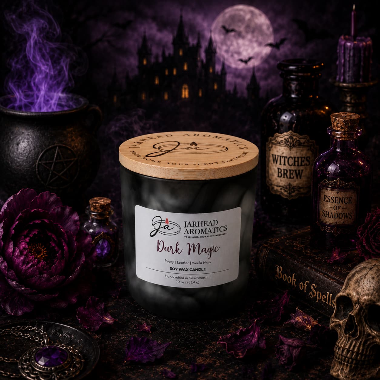 A Jarhead Aromatics Dark Magic Soy Wax Candle—infused with notes of peach plum, violet, leather, and patchouli—rests amid a book of spells, potion bottles, purple flowers, a pentagram cauldron, and glowing purple smoke. In the shadowy background lies a haunted castle with bats drifting overhead, creating an enchanting Halloween scene. This mysterious floral-scented candle is perfect for those who crave a touch of dark magic in their home.