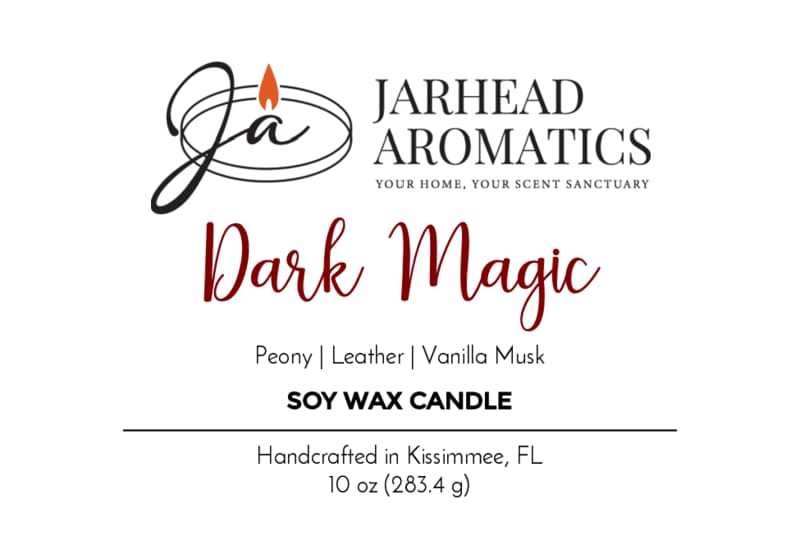 Label for Jarhead Aromatics Dark Magic Soy Wax Candle, featuring enticing notes of peach plum, violet, leather, and patchouli. This floral and earthy soy candle is handcrafted in Kissimmee, FL; net weight 10 oz (283.4 g)—perfect for setting a mysterious Halloween ambiance.