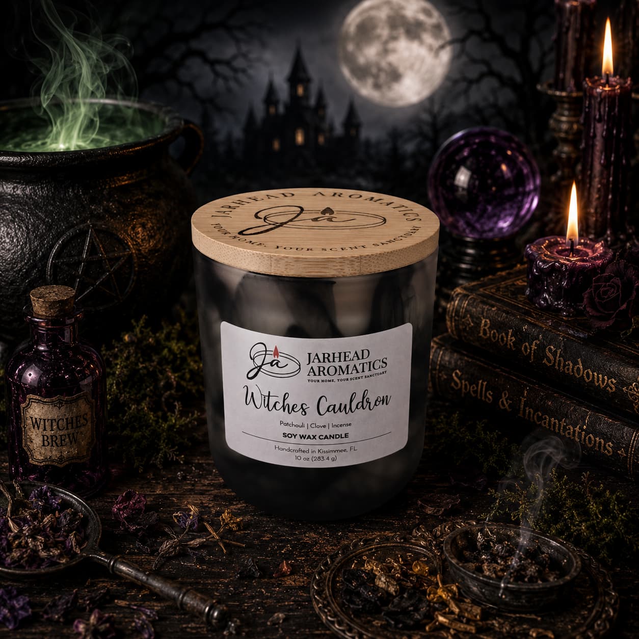 A Jarhead Aromatics Witches Cauldron Soy Wax Candle, scented with orange blossom, patchouli, clove, and incense, sits on a dark table surrounded by potion bottles, a pentagram, spell books, and flickering candles. Beside this enchanting Halloween candle glows a misty green potion, while a full moon illuminates a gothic castle in the background.