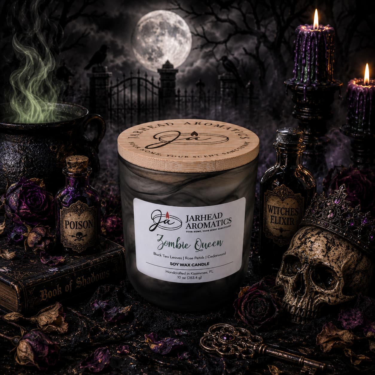 A Jarhead Aromatics Zombie Queen Soy Wax Candle—fragrant with black tea, rose petals, and cedarwood—glows amid gothic decor: a crowned skull, potion bottles, a Book of Shadows, and a steaming cauldron. The candle’s haunting Halloween aroma fills the air as moonlight casts eerie shadows on a graveyard tableau in the background.