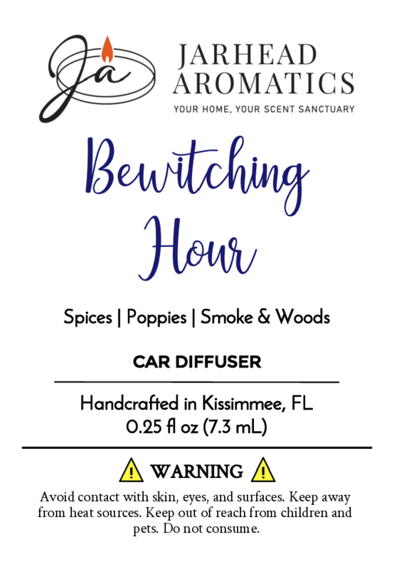 Jarhead Aromatics Bewitching Hour Car Diffuser (Halloween Collection): a blend of spices, poppies, smoky woods, and florals. Includes warnings, use instructions, size info. Made in Kissimmee, FL.
