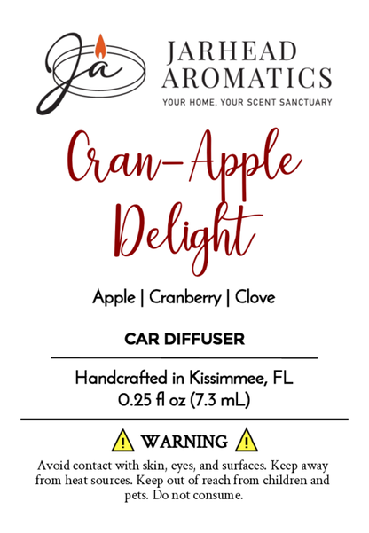 Label for Jarhead Aromatics Cran-Apple Delight - Car Diffuser (Fall Collection) with apple, cranberry & clove fragrance. Warning: Avoid contact with skin, eyes & surfaces. Keep away from children & pets.