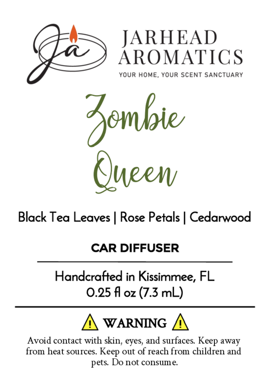 Zombie Queen - Car Diffuser by Jarhead Aromatics (Halloween Collection). Haunting rose, cedarwood, and black tea scent. Handcrafted in Kissimmee, FL. 0.25 fl oz. Avoid contact; keep away from children and pets.