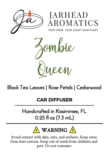 Zombie Queen - Car Diffuser by Jarhead Aromatics (Halloween Collection). Haunting rose, cedarwood, and black tea scent. Handcrafted in Kissimmee, FL. 0.25 fl oz. Avoid contact; keep away from children and pets.