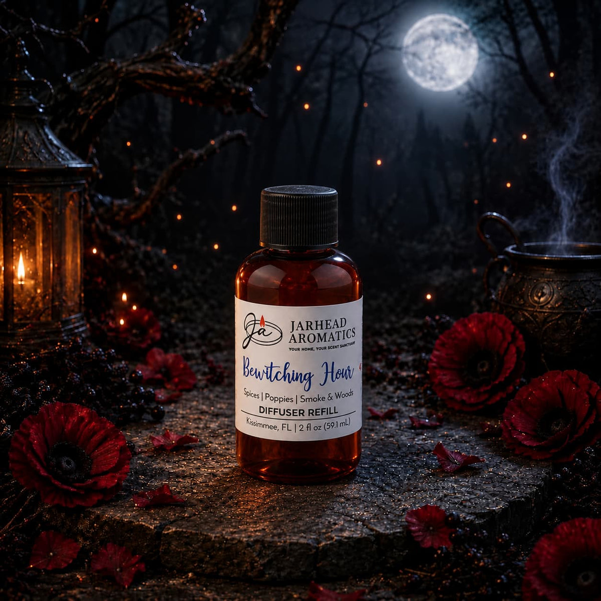 A bottle of Jarhead Aromatics’ Bewitching Hour Diffuser Refill—featuring exotic spices, dark florals, and smoky woods—rests among red flowers, a lantern, and a cauldron, with misty trees and a full moon in the background, evoking gothic elegance and making it the perfect way to elevate your home fragrance or refresh your diffuser.