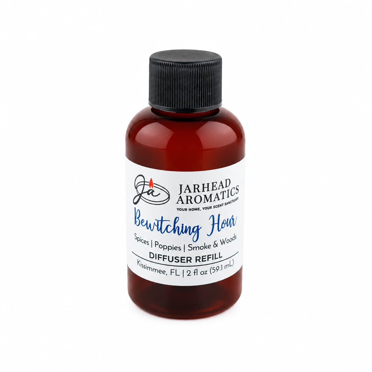 A brown bottle of Jarhead Aromatics’ Bewitching Hour Diffuser Refill—featuring an alluring blend of exotic spices, dark florals, and smoky woods—radiates gothic elegance. With a sleek black cap and 2 fl oz of home fragrance liquid, this refill transforms any space with its enchanting aroma.