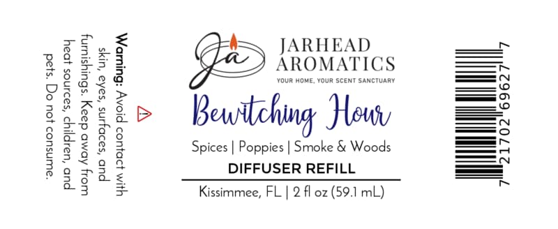 Jarhead Aromatics Bewitching Hour Diffuser Refill | Exotic Spices, Dark Florals & Smoky Woods Experience gothic elegance in home fragrance with a bewitching blend of exotic spices, dark florals, smoky woods, and poppies. Contains 2 fl oz. Made in Kissimmee, FL. Warning: Avoid skin contact.
