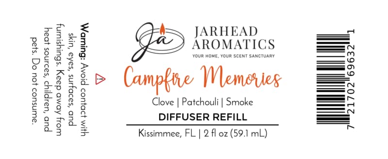 White label for Jarhead Aromatics Campfire Memories Diffuser Refill | Maple, Clove & Smoky Embers, featuring fragrance notes of maple, clove, and smoky embers for a warm autumn ambiance. Ideal as a home fragrance solution; includes usage warning and net contents (2 fl oz), with barcode positioned on the right side.