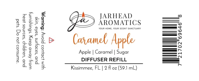 Jarhead Aromatics Caramel Apple Diffuser Refill | Crisp Apple, Rich Caramel & Warm Spice Enjoy an inviting autumn aroma with notes of crisp apple, rich caramel, and warm spice—perfect for enhancing your home fragrance experience. Includes warning, barcode, and size info: 2 fl oz (59.1 mL) Made in Kissimmee, FL.