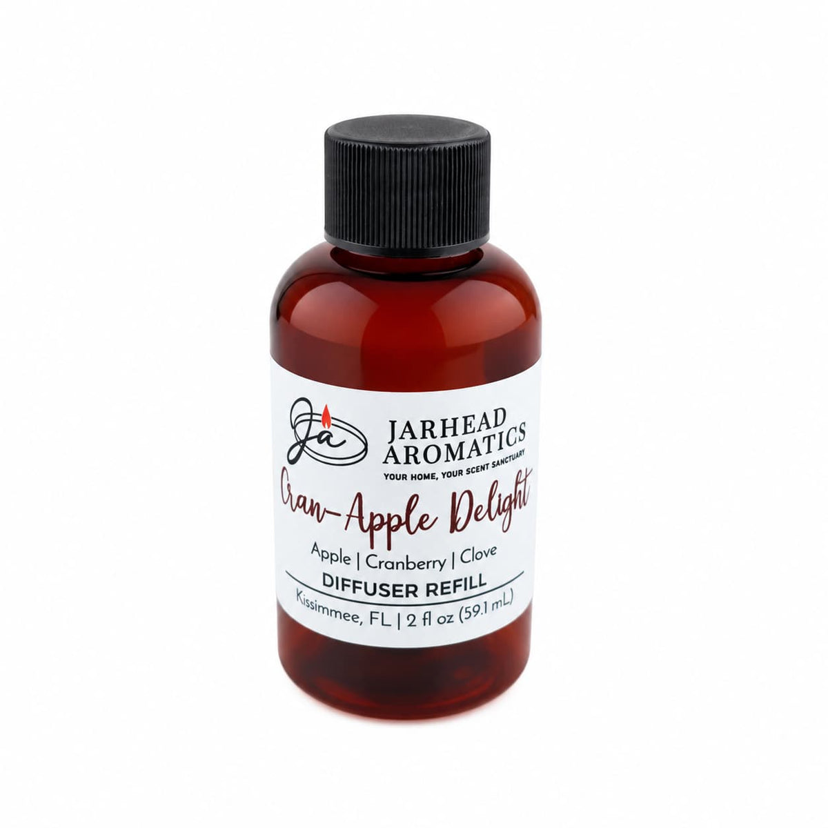 A brown bottle labeled Jarhead Aromatics Cran-Apple Delight Diffuser Refill features notes of cranberry, apple, and warm cinnamon. The 2 fl oz (59.1 mL) bottle is topped with a black cap and offers an inviting autumn fragrance—perfect for creating a cozy atmosphere at home.