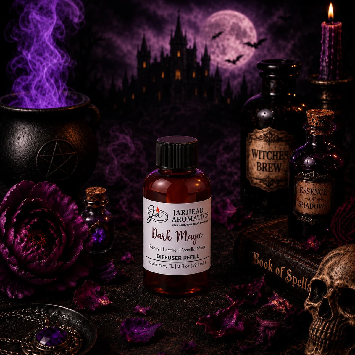 A bottle of Jarhead Aromatics’ Dark Magic Diffuser Refill | Peach, Plum, Dark Florals & Vanilla Musk rests amid potion bottles, a cauldron, flowers, and a book of spells. Purple smoke curls against a full moon backdrop in this spooky gothic scene—perfectly capturing the allure of gothic romance in home fragrance for an enchanting diffuser experience.