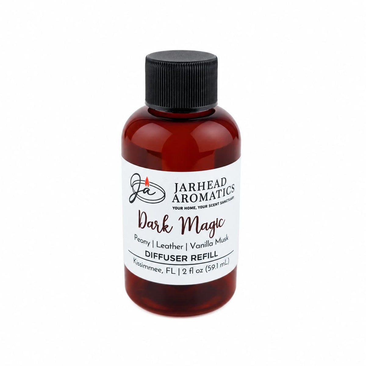 A brown bottle labeled Jarhead Aromatics Dark Magic Diffuser Refill, with an enchanting blend of peach, plum, dark florals, and vanilla musk in a 2 fl oz size—perfect for enhancing your home’s ambiance—displayed on a white background.